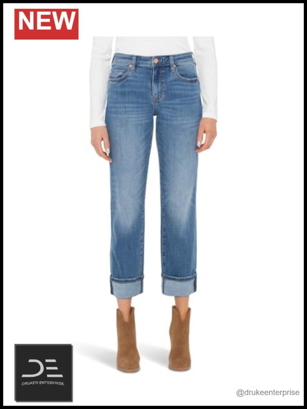 Mid-Rise Girlfriend Cuffed Jeans Straight Leg Stretch Cotton Blend